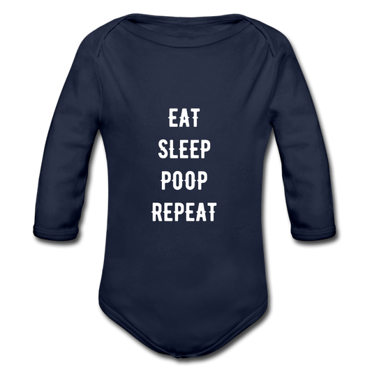 SPOD Langærmet babybody, økologisk bomuld mørk marineblå / 56 (0-1 md.) Eat, Sleep, Poop, Repeat - Økologisk Langærmet Baby Body