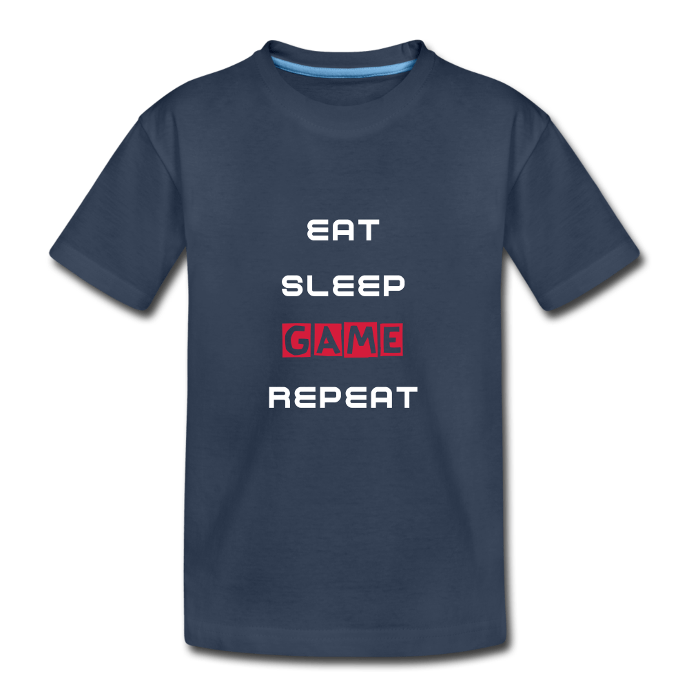 SPOD Børne premium T-shirt økologisk marineblå / 146/152 (10 år) Eat, Sleep, Game, Repeat - T-shirt Øko