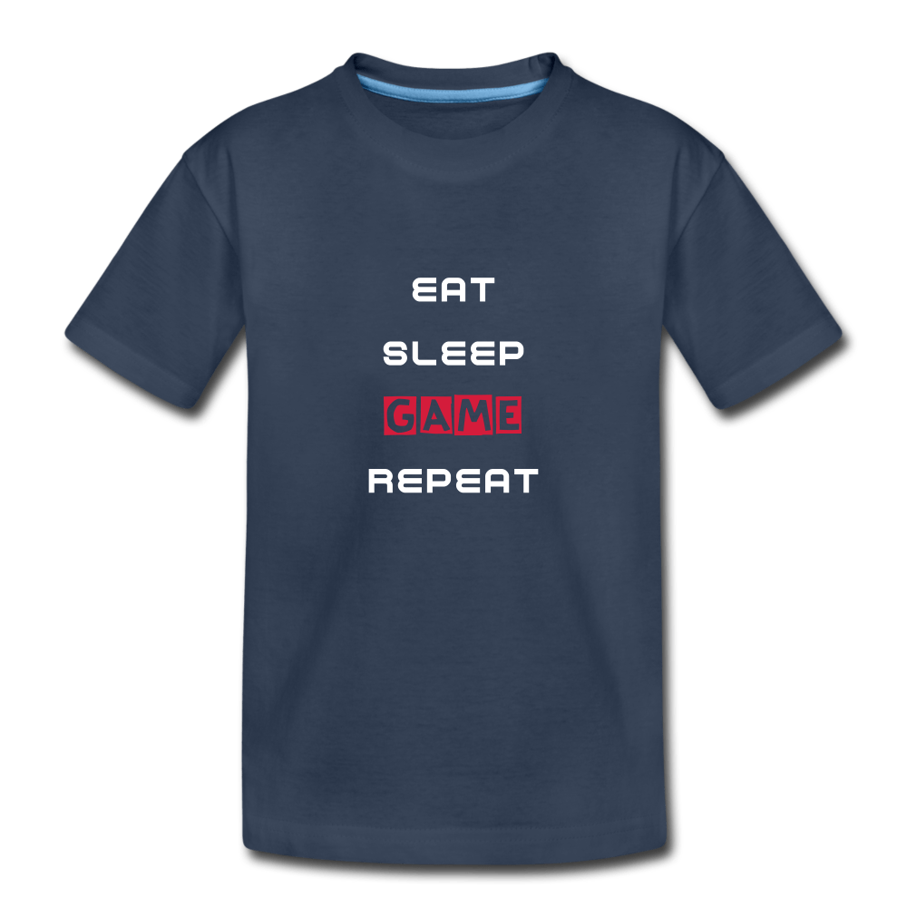 SPOD Børne premium T-shirt økologisk marineblå / 98/104 (2 år) Eat, Sleep, Game, Repeat - T-Shirt Øko