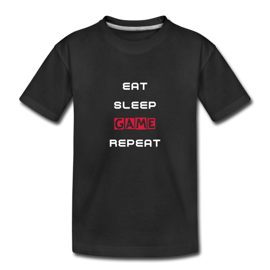SPOD Børne premium T-shirt økologisk sort / 98/104 (2 år) Eat, Sleep, Game, Repeat - T-Shirt Øko