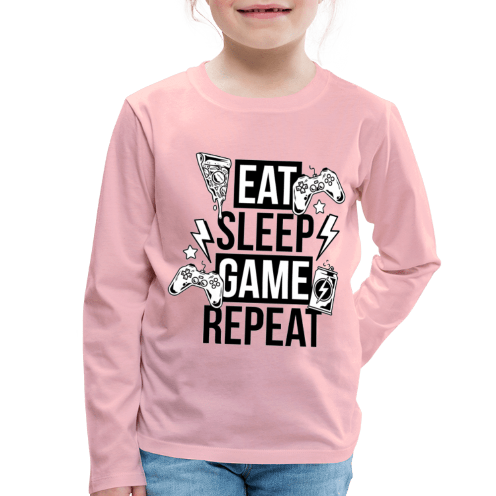SPOD Kids' Premium Longsleeve Shirt | Spreadshirt 877 rose shadow / 98/104 (2 Years) Eat, Sleep, Game, Repeat - Børne Langærmet trøje