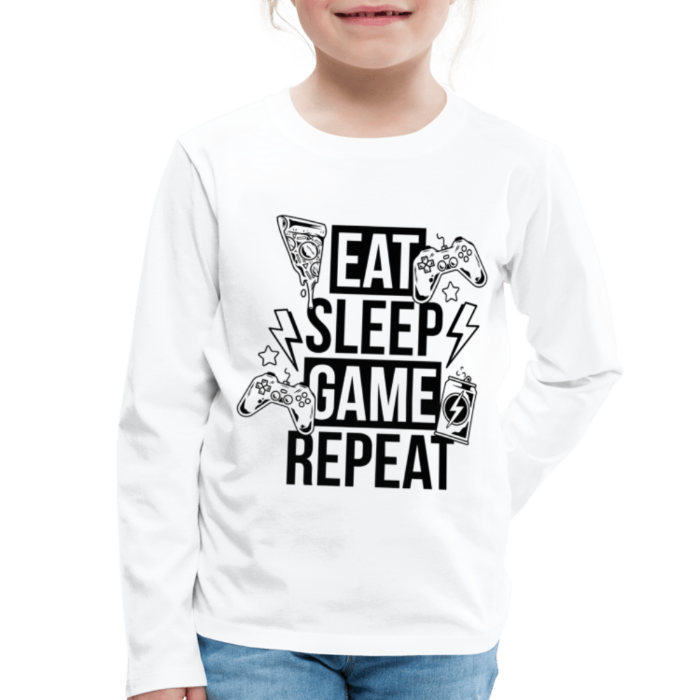 SPOD Kids' Premium Longsleeve Shirt | Spreadshirt 877 white / 98/104 (2 Years) Eat, Sleep, Game, Repeat - Børne Langærmet trøje