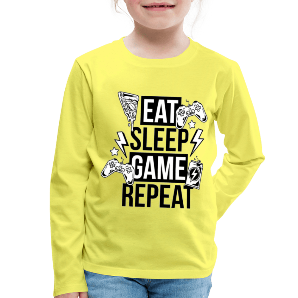 SPOD Kids' Premium Longsleeve Shirt | Spreadshirt 877 yellow / 98/104 (2 Years) Eat, Sleep, Game, Repeat - Børne Langærmet trøje