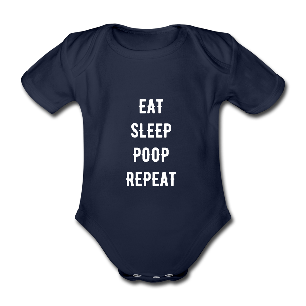 SPOD Kortærmet babybody, økologisk bomuld mørk marineblå / 56 (0-1 md.) Eat, Sleep, Poop, Repeat - Økologisk Kortærmet Baby Body