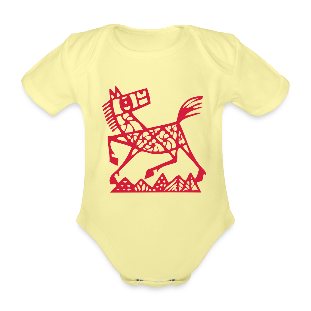 SPOD Organic Short-sleeved Baby Bodysuit | Spreadshirt 560 washed yellow / 50/56 (0-1m) Heste - Økologisk Kortærmet Baby Body