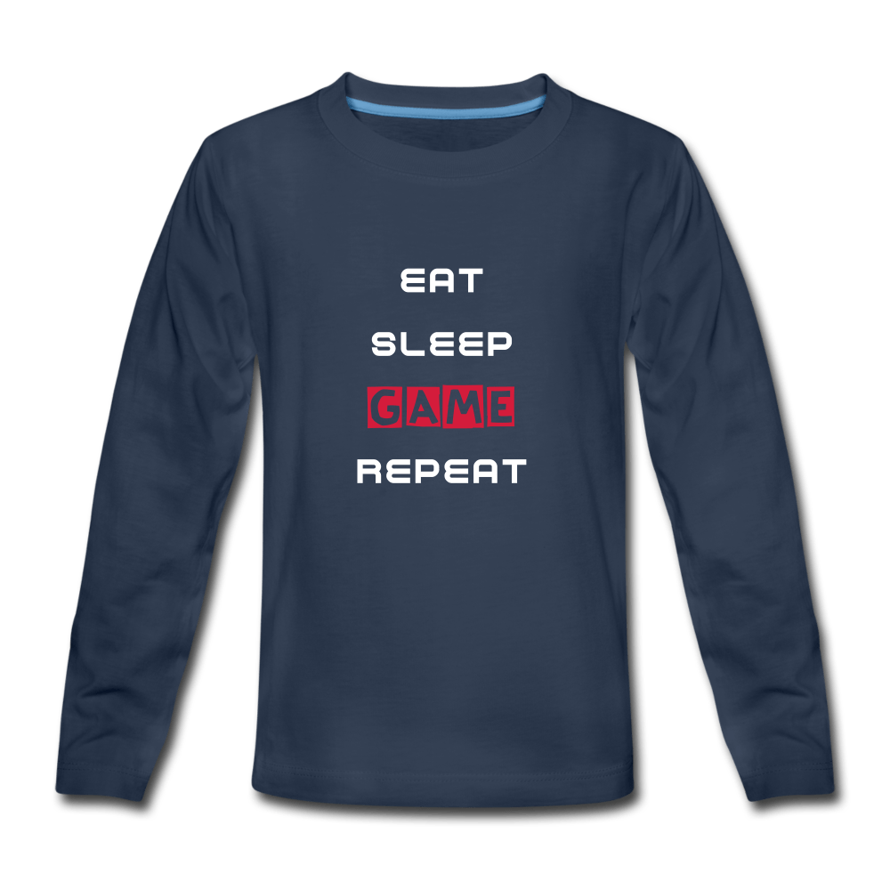 SPOD Premium trøje med lange ærmer marineblå / 146/152 (10 år) Eat, Sleep, Game Repeat - Langærmet Trøje